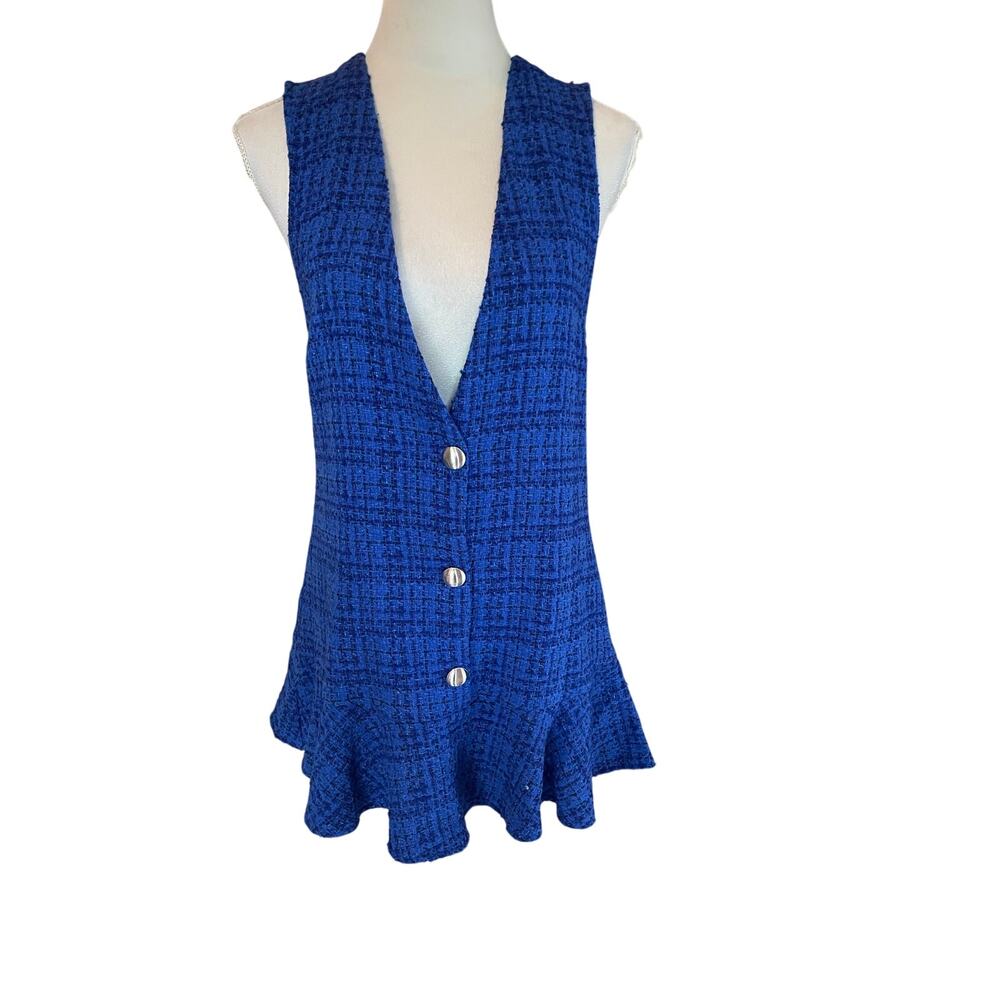 Zara Cobalt Blue Tweed Ruffled Pinafore Mini Dress Vest | Clean Girl | Preppy